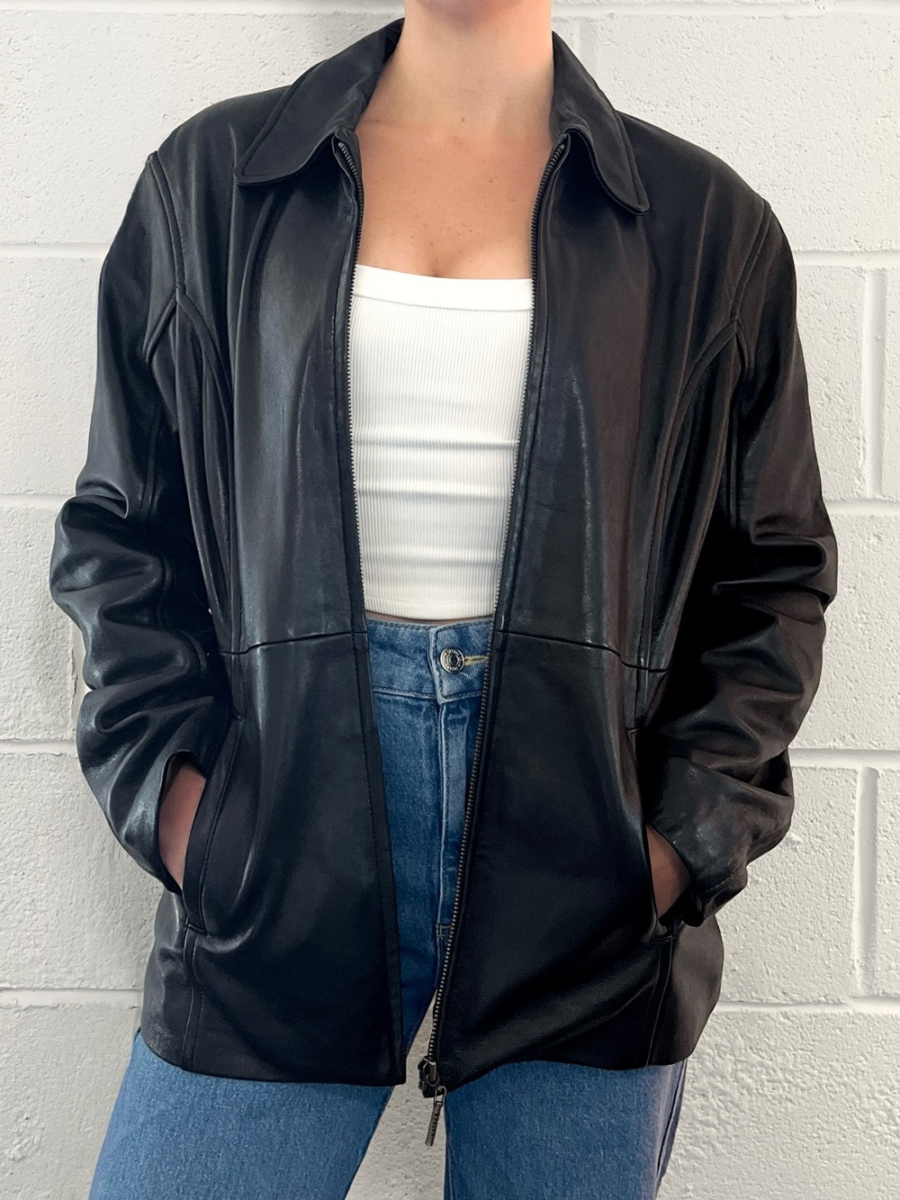Vintage 90s Y2K Kasper Black Leather Zip-Front Jacket